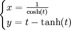 {\begin{cases}x={\frac  {1}{\cosh(t)}}\\y=t-\tanh(t)\end{cases}}