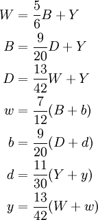 {\begin{aligned}W&{}={\frac  {5}{6}}B+Y\\B&{}={\frac  {9}{20}}D+Y\\D&{}={\frac  {13}{42}}W+Y\\w&{}={\frac  {7}{12}}(B+b)\\b&{}={\frac  {9}{20}}(D+d)\\d&{}={\frac  {11}{30}}(Y+y)\\y&{}={\frac  {13}{42}}(W+w)\end{aligned}}
