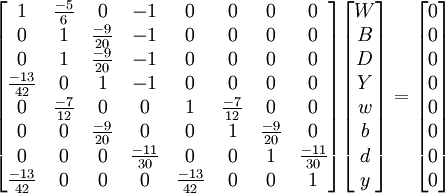 {\begin{bmatrix}1&{\frac  {-5}{6}}&0&-1&0&0&0&0\\0&1&{\frac  {-9}{20}}&-1&0&0&0&0\\0&1&{\frac  {-9}{20}}&-1&0&0&0&0\\{\frac  {-13}{42}}&0&1&-1&0&0&0&0\\0&{\frac  {-7}{12}}&0&0&1&{\frac  {-7}{12}}&0&0\\0&0&{\frac  {-9}{20}}&0&0&1&{\frac  {-9}{20}}&0\\0&0&0&{\frac  {-11}{30}}&0&0&1&{\frac  {-11}{30}}\\{\frac  {-13}{42}}&0&0&0&{\frac  {-13}{42}}&0&0&1\\\end{bmatrix}}{\begin{bmatrix}W\\B\\D\\Y\\w\\b\\d\\y\\\end{bmatrix}}={\begin{bmatrix}0\\0\\0\\0\\0\\0\\0\\0\\\end{bmatrix}}