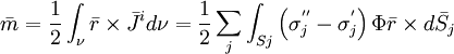 {\bar  {m}}={\frac  {1}{2}}\int _{\nu }{\bar  {r}}\times {\bar  {J}}^{i}d\nu ={\frac  {1}{2}}\sum _{j}{\int _{{Sj}}\left(\sigma _{j}^{{''}}-\sigma _{j}^{{'}}\right)\Phi {\bar  {r}}\times d{\bar  {S}}_{j}}